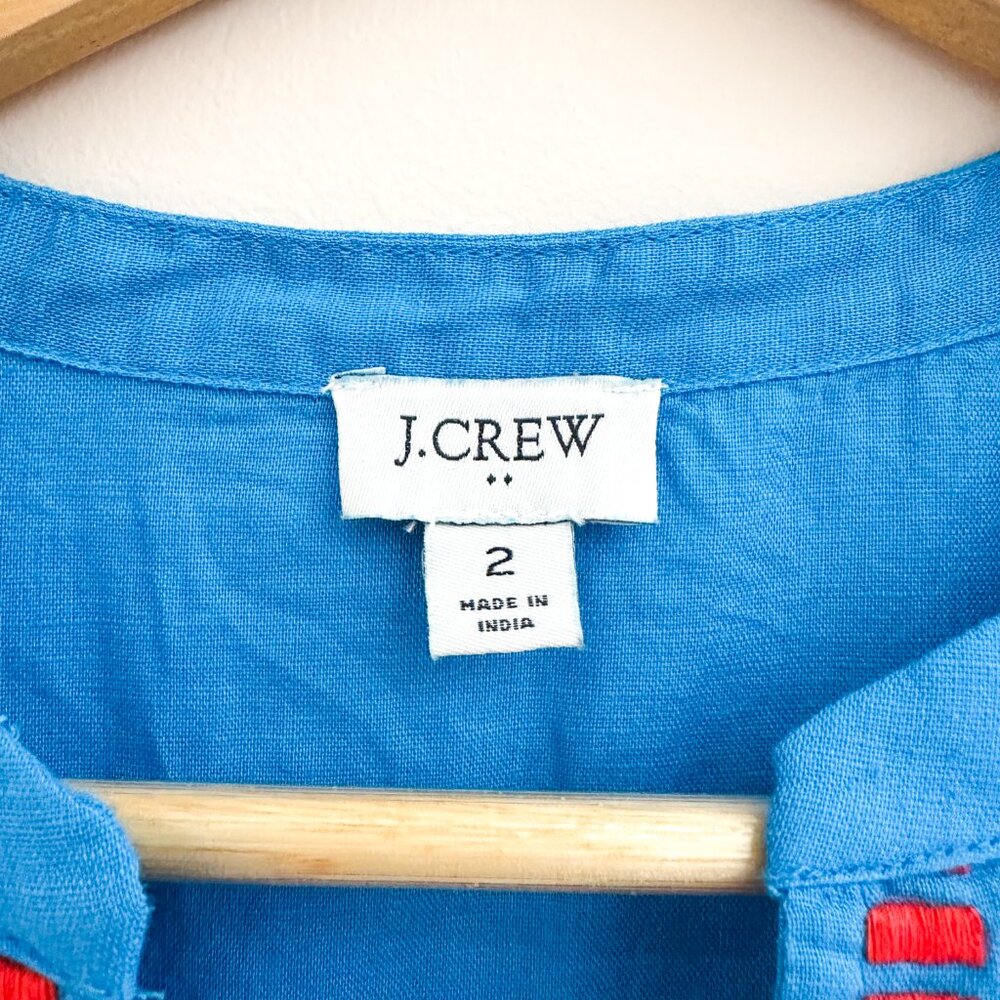 J Crew Linen Cotton Embroidered Tank Top Blue Size 2 Sleeveless Summer Blouse - Picture 4 of 5